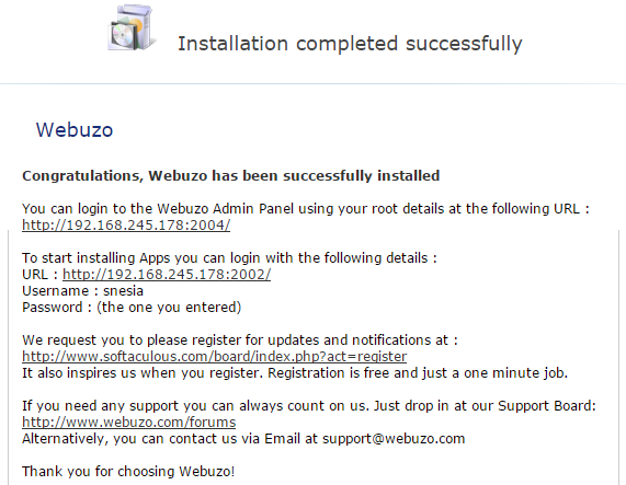 Cara Install Webuzo - Proses instalasi selesai