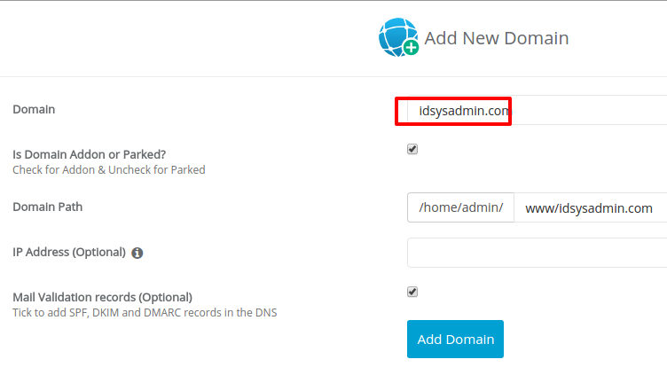 addon domain idsysadmin