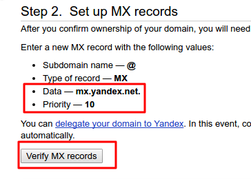 verify mx record yandex
